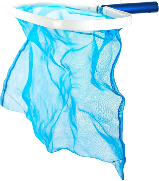 Pool skimmer with extra deep bag. The handle is shiny blue, the border is white and the bag is blue.