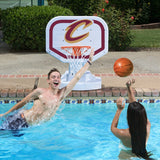 This is a lifestyle image showing two people playing basketball in the pool, aiming the ball for the Cleveland Cavaliers themed basketball hoop.