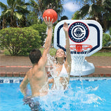 This is a lifestyle image showing two people playing basketball in the pool, aiming the ball for the Los Angeles Clippers themed basketball hoop.