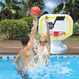 This is a lifestyle image showing two people playing basketball in the pool, aiming the ball for the Utah Jazz themed basketball hoop.