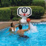 This is a lifestyle image showing two people playing basketball in the pool, aiming the ball for the Brooklyn Nets themed basketball hoop.