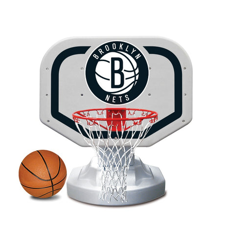 This image shows the basketball hoop on a white background. The hoop features the logo for the Brooklyn Nets.