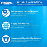 This image reads "Reliable hose design. The perfect solution for pool maintenance. UV-resistant treated material is less likely to degrade, fade or become brittle when exposed to sunlight over time. Strong PVC material ensures strength and durability in your backwash hose's performance and lifespan. Substantial chemical resistance ensures the product withstand the harsh environment associated with pool ownership."