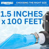 This image shows the pool hose attached to a pool filter. It reads "HydroTools by Swimline. Choosing the right size. Make sure to pick the size that best suits your needs. 1.5 inches by 100 feet."