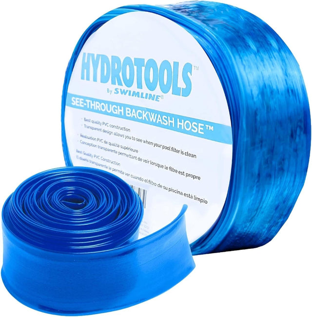 This image shows the hose on a white background. The packaging reads "HydroTools by Swimline. See-through backwash hose. Best quality pvc construction. Transparent design allows you to see when your pool filter is clean."