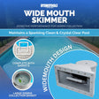 This image shows what the skimmer looks like with a large in-ground pool in the background. It reads "Wide Mouth Skimmer. Effective performance for debris collection. Maintains a sparkling clean and crystal clear pool. Complete with gaskets. Large debris collection basket. Widemouth design."