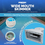 This image shows what the skimmer looks like with a large in-ground pool in the background. It reads "Wide Mouth Skimmer. Effective performance for debris collection. Maintains a sparkling clean and crystal clear pool. Complete with gaskets. Large debris collection basket. Widemouth design."