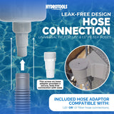 This image reads "Leak-free design hose connection. Universal fit for 1.25 inch and 1.5 inch filter hoses. This screw-on hose adapter provides a secure, leak-free connection with ease. Included hose adaptor compatible with: 1.25 inch OR 1.5 inch filter hose connections."