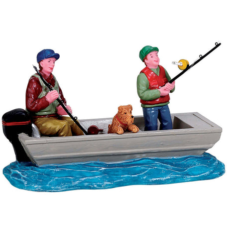 Village accent for a Lemax display. Designed to look like a dad and son fishing in a boat with a dog.
