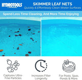 This skimmer leaf net quickly and effortlessly cleans water surfaces. It captures ultra-fine particles, increases filter longevity and was designed for pools, spas, ponds and more. This picture shows a dirty pool surface on the left side and a clean pool surface on the right.