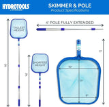 The tallest height of this pool skimmer is 5 feet tall. The shortest height of it is 3 feet tall. When the pole is fully extended, it's 4 feet long. The net itself measures 17 inches long. It measures 11 inches from the top of the handle to the top of the net. 