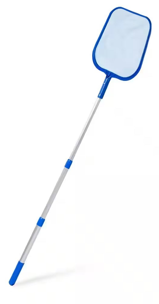 Adjustable pool skimmer. Pole is blue and silver and the border around the net is blue.