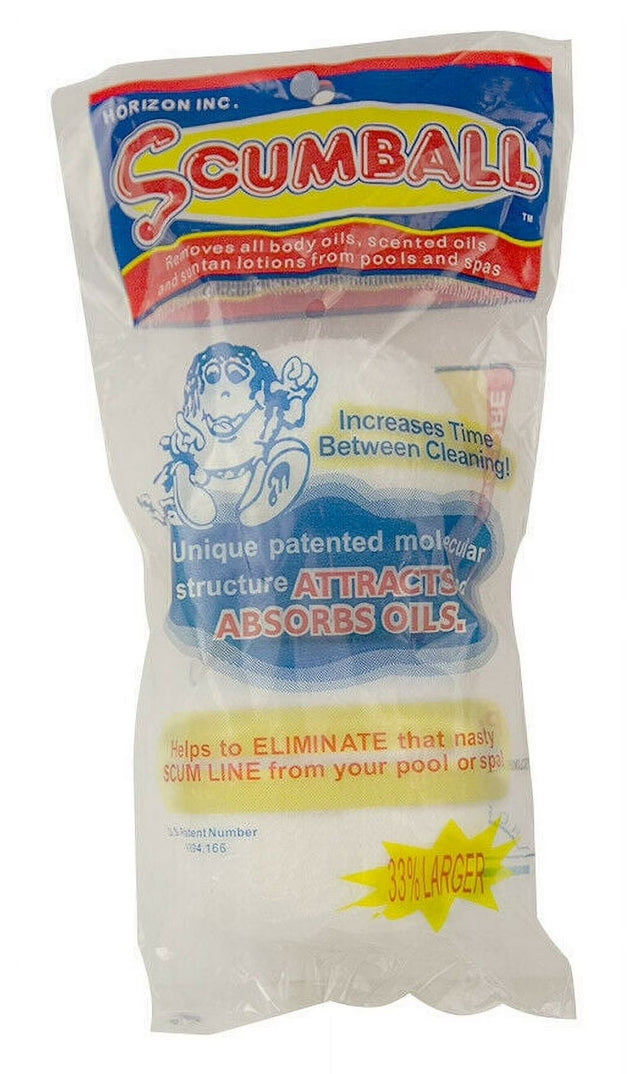 This image shows the packaging for the 1-pack of this ScumBall product. It reads "Increases time between cleaning! Unique patented molecular structure attracts and absorbs oil. Helps to eliminate that nasty scum line from your pool or spa."