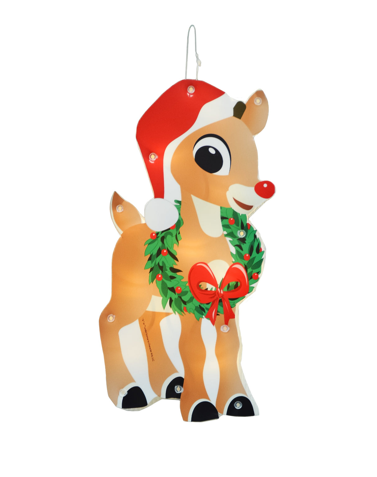 This image shows the Rudolph decoration on a white background. Rudolph is wearing a red Santa hat on his head and around his neck, a green wreath with red berries and a red bow.