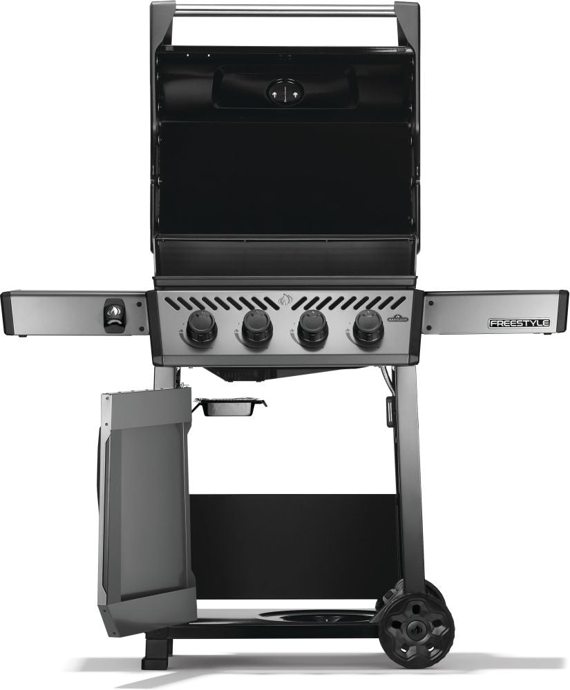 This image shows what this grill looks like when the top is up, the shelves are up and the under cabinet is open.