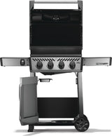 This image shows what this grill looks like when the top is up, the shelves are up and the under cabinet is open.