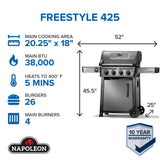 This image reads "Freestyle 425. Main cooking area: 20.25" x 18". Main btu: 38,000. Heats to 400 degrees Fahrenheit in 5 minutes. Can cook 26 burgers at once. Has 4 main burners. 10 year warranty." It also shows the grill dimensions: From bottom to top it measures 45.5". The bottom width is 25". From the left shelf to the right shelf it measures 52".