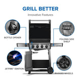 This image reads "Grill better. Innovative features: Bottle opener, folding side shelves, JetFire™ ignition and rugged wheels."
