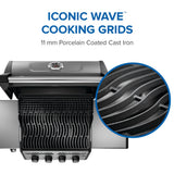 This image reads "Iconic Wave™ cooking grids. 11mm porcelain coated cast iron." It also has a close up view of what the surface of the grill looks like.