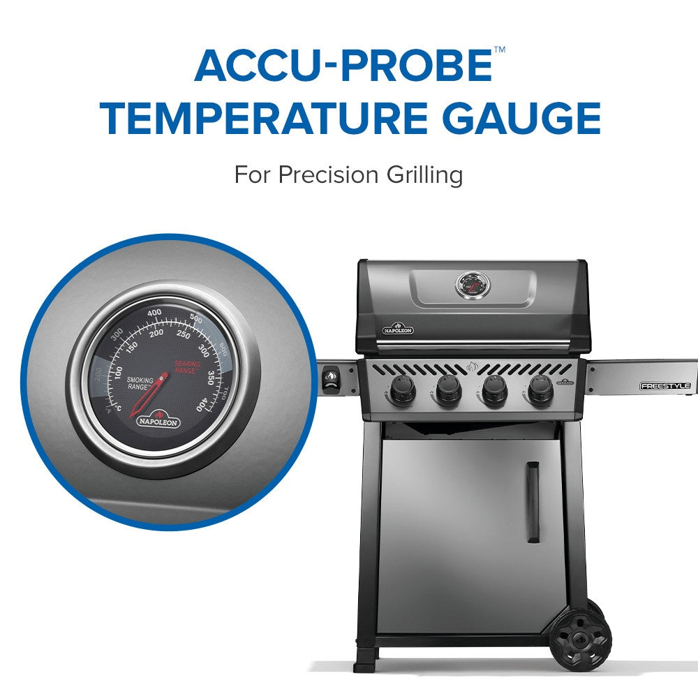 This image reads "Accu-Probe™ temperature gauge for precision grilling." It also features a close up view of what the temperature gauge looks like on the grill.