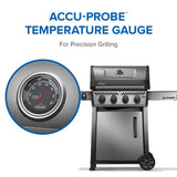 This image reads "Accu-Probe™ temperature gauge for precision grilling." It also features a close up view of what the temperature gauge looks like on the grill.