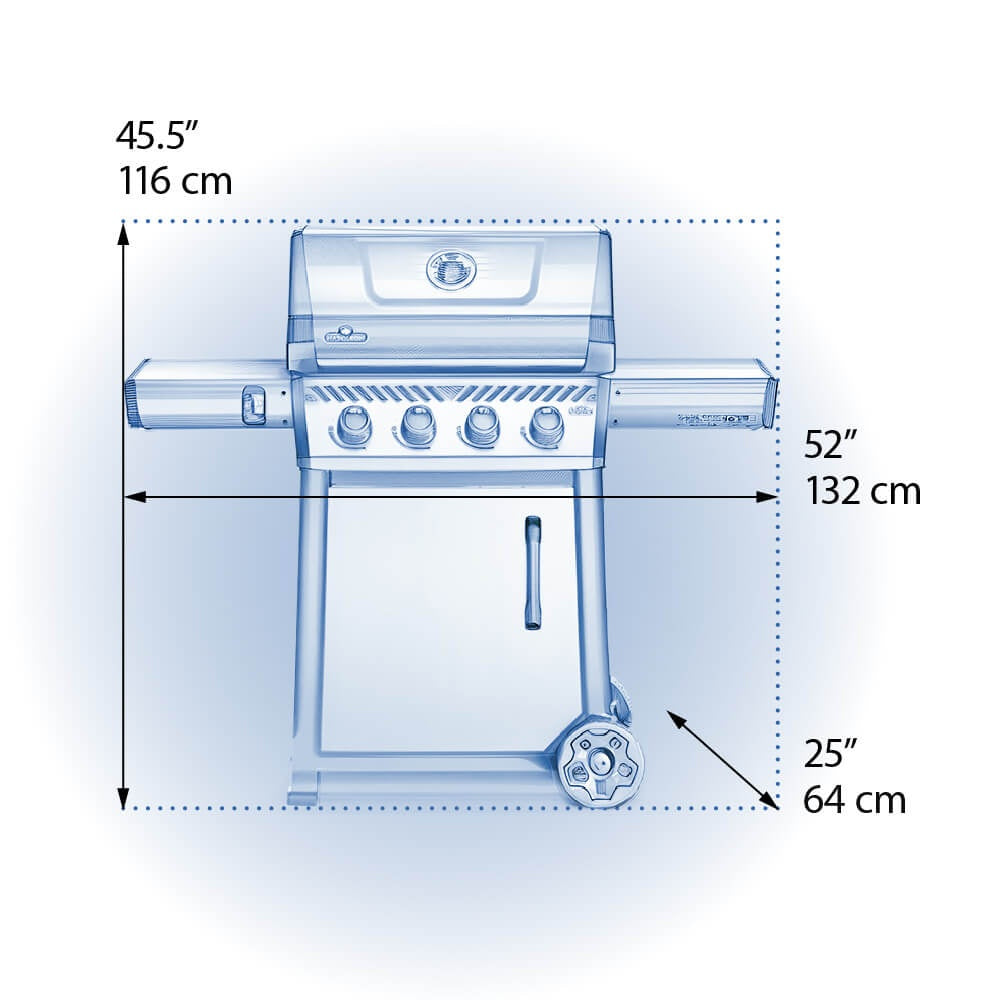 This image shows the dimensions of this grill. From bottom to top it measures 45.5". The bottom width is 25". From the left shelf to the right shelf it measures 52".