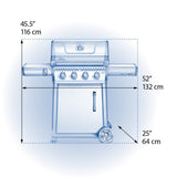 This image shows the dimensions of this grill. From bottom to top it measures 45.5". The bottom width is 25". From the left shelf to the right shelf it measures 52".