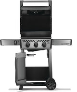 This image shows what this grill looks like when the top is up, the shelves are up and the under cabinet is open.