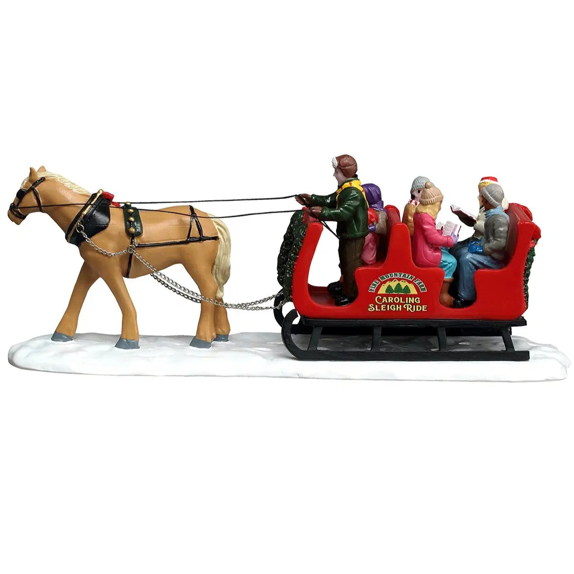 This image shows what the side of this table accent looks like. The horse is a light brown color and the reins are black. The sleigh is red and black.