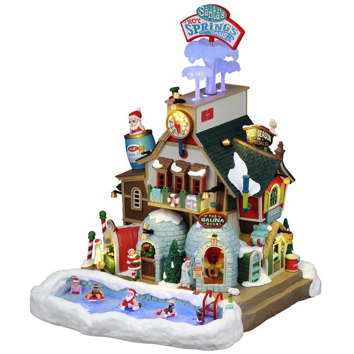 This image shows what this Lemax building looks like on a white background. It was designed to look like a multi-colored cabin. In front, there's an icy oasis where Santa and his elves are swimming. Next to the water, there are sauna igloos. 
