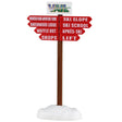 This image shows what this Lemax Village accessory looks like on a white background. It was designed to look like a sign pointing in different directions to help you know where to go. The sign reads "Vail Village" and the red arrows point toward the Mountain High Adventure Tours, the Havenwood Lodge, the Waffle Hut, Shops, Ski Slope, Ski School, Apres-Ski, Lift."