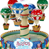 This is a zoomed in image of the first image. The hot air balloons are green, blue and red and have golden ribbon accents.