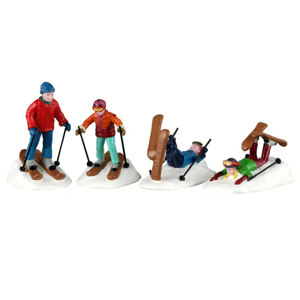 This image shows what these four Lemax Vail Village figurines look like on a white background. They were designed to look like skiers. 