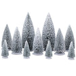 This image shows what these eleven Lemax Village trees look like on a white background. All of the trees are a dark green color that is painted white so the trees look like they're covered in snow. There are two large trees, five medium sized trees and four smaller trees.