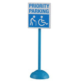 This image shows what one of the signs looks like on a white background. This one reads "Priority Parking." The pole is blue and the sign is white and blue and features a caricature of a person using a cane and a caricature of a person in a wheelchair.