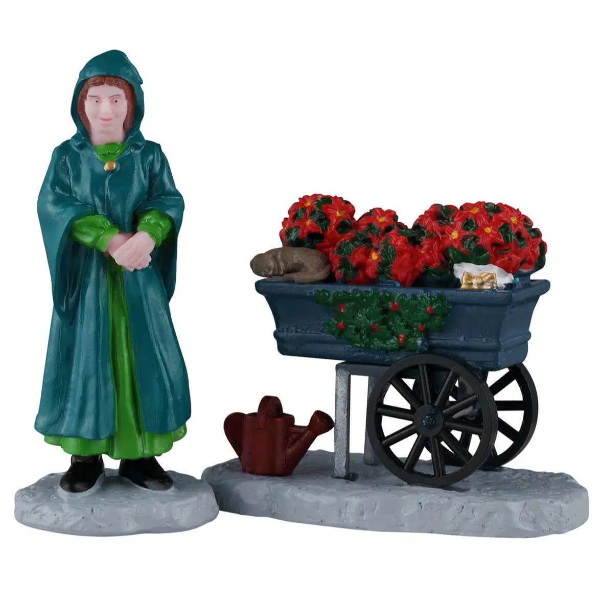 This image shows what these two figures look like on a white background. The scene was designed to look like a woman selling flowers on the sidewalk.