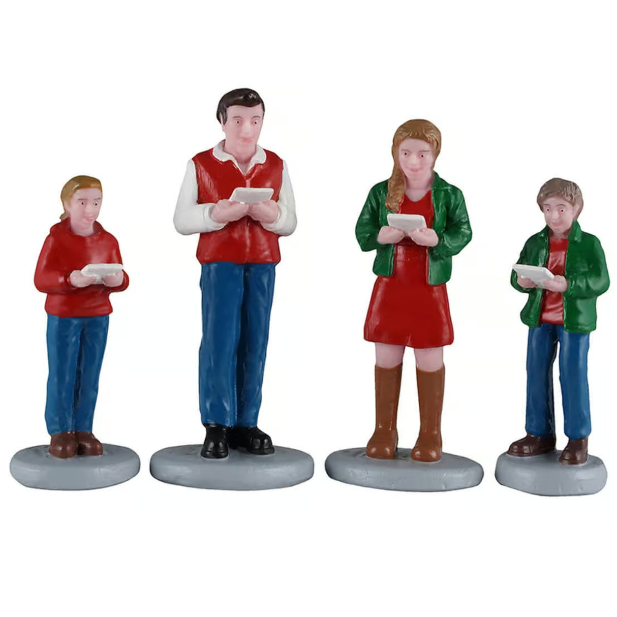 This image shows what these four Lemax Caddington Village figurines look like on a white background. They were designed to look like a family caroling.