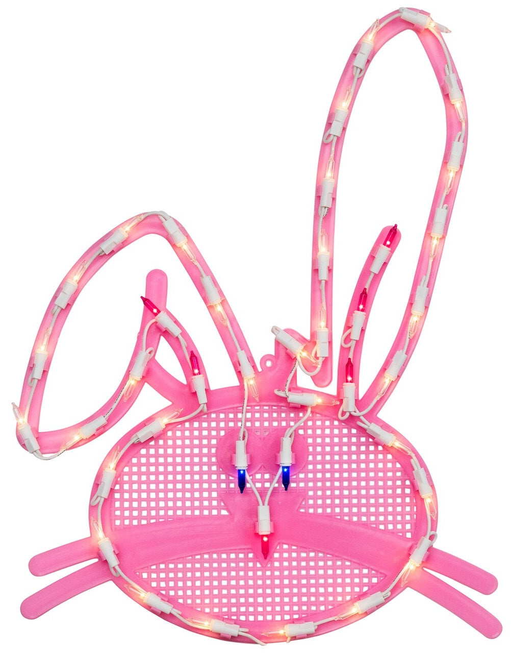 This image shows what the lighted bunny decoration looks like on a white background. The bunny's left ear is drooping. The bunny has two blue eyes and a pink nose.