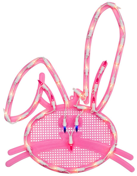 This image shows what the lighted bunny decoration looks like on a white background. The bunny's left ear is drooping. The bunny has two blue eyes and a pink nose.