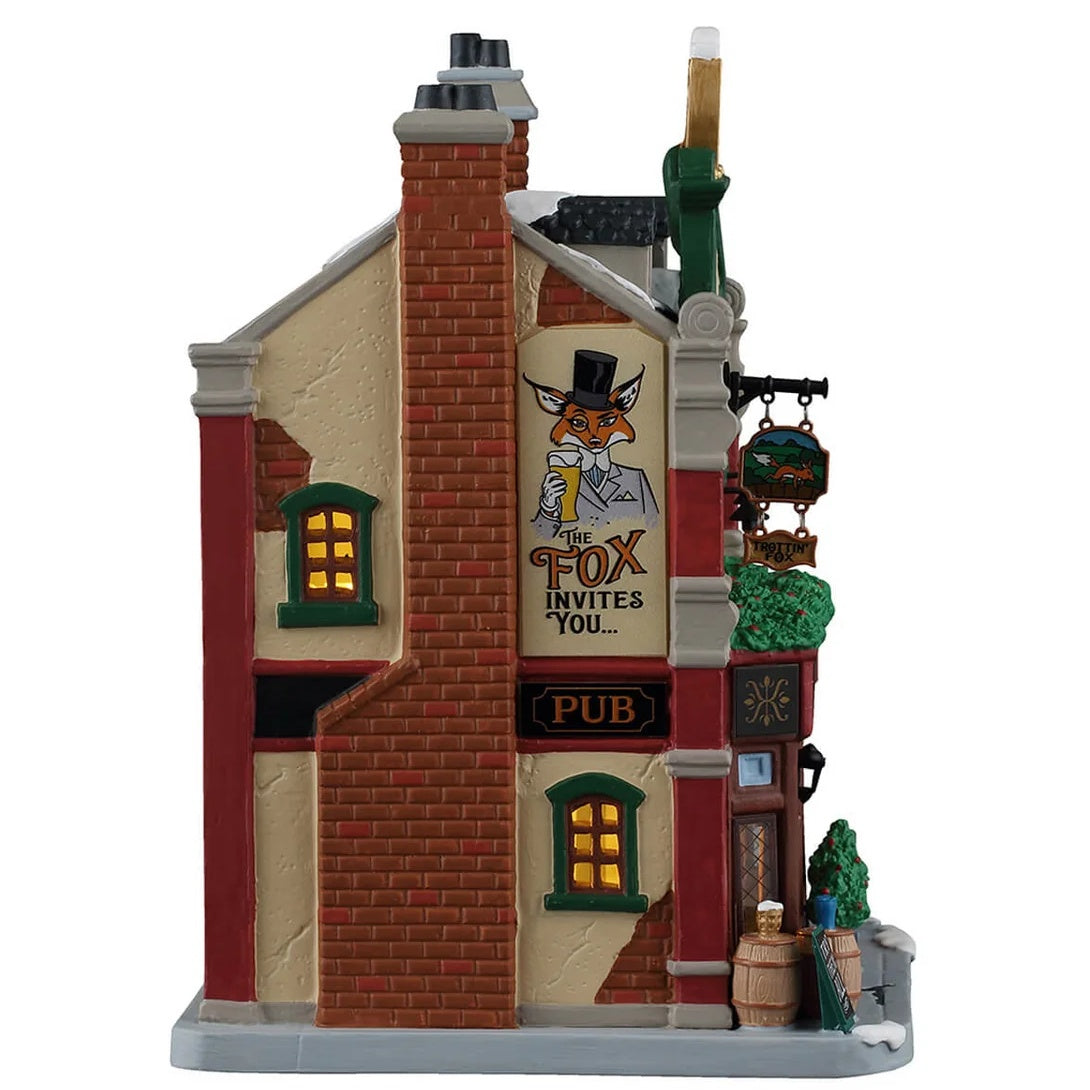This image shows what the side of this building looks like. There's a mural on the wall of a fox wearing a top hat and it reads "The Fox invites you..."