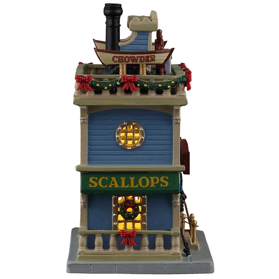 This image shows what the side of this building looks like. On the boat on the roof, it reads "CHOWDER." There's a green awning over a window that reads "SCALLOPS."
