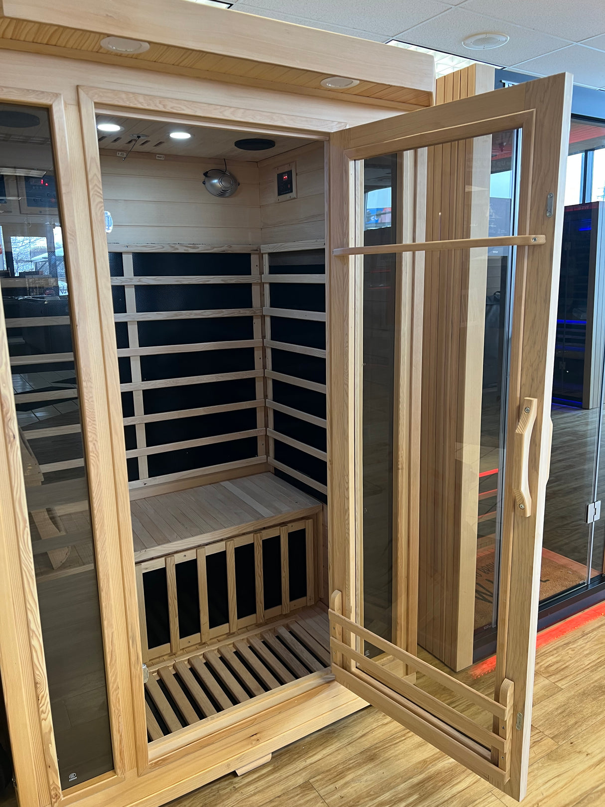 This image shows the inside of the sauna from a different angle.
