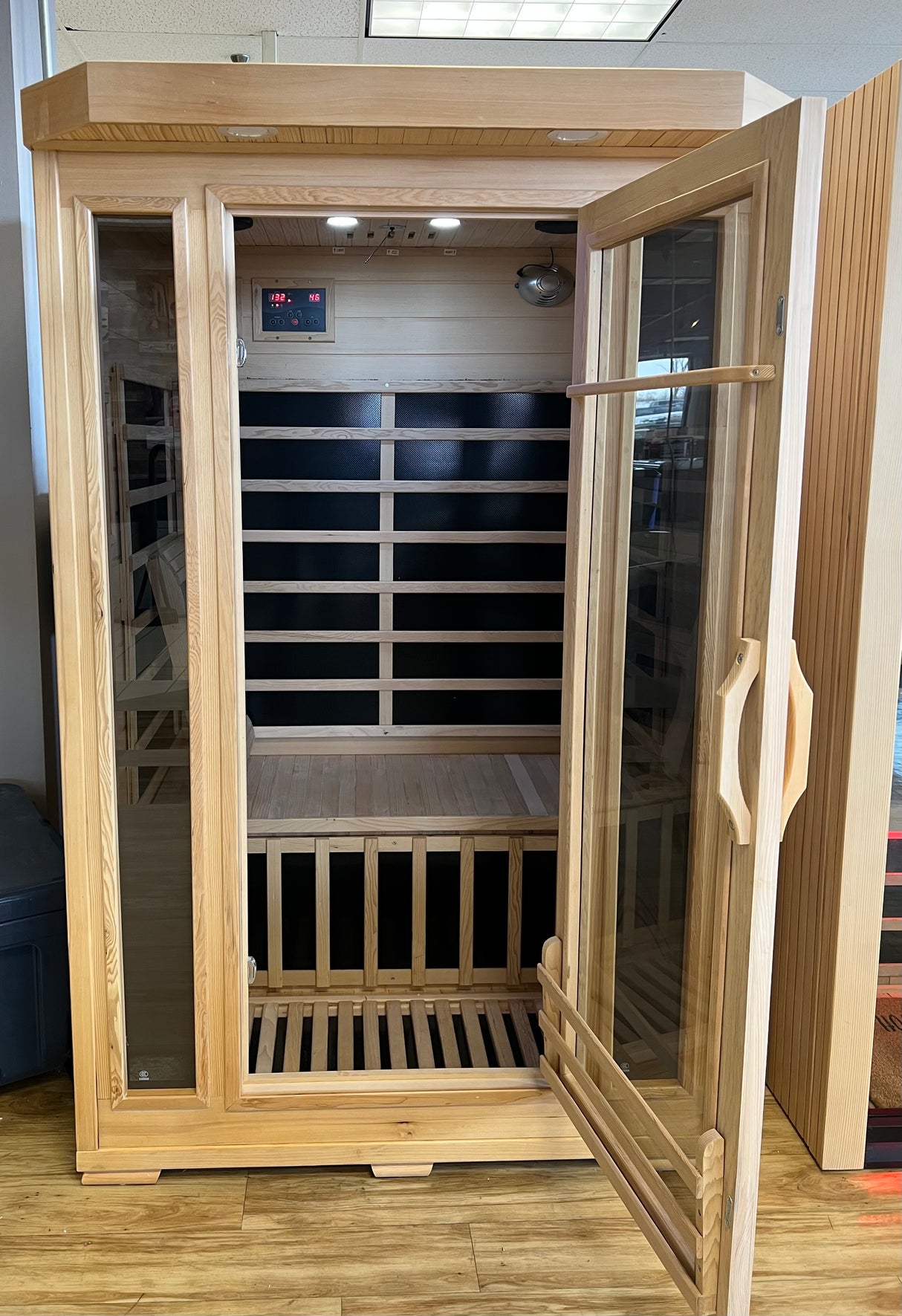 This image shows the inside of the sauna from a different angle.