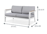 This image shows the loveseat and its dimensions. From top to bottom it measures 31 inches tall. From left to right it measures 57 inches long. From front leg to back leg it measures 23 inches.