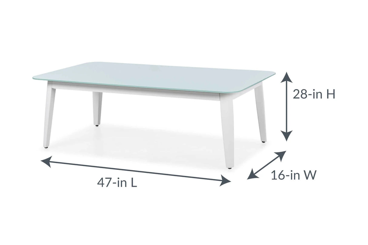 This image shows the coffee table and its dimensions. From top to bottom it measures 28 inches tall. From left to right it measures 47 inches wide. From front leg to back leg it measures 16 inches.