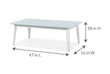 This image shows the coffee table and its dimensions. From top to bottom it measures 28 inches tall. From left to right it measures 47 inches wide. From front leg to back leg it measures 16 inches.