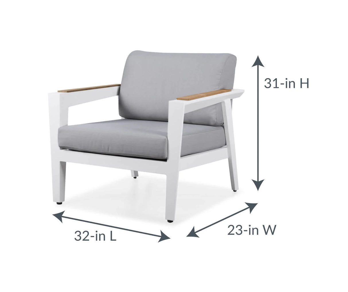 This image shows the club chair and its dimensions. From top to bottom it measures 31 inches tall. From left to right it measures 32 inches wide. From front leg to back leg it measures 23 inches.