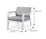 This image shows the club chair and its dimensions. From top to bottom it measures 31 inches tall. From left to right it measures 32 inches wide. From front leg to back leg it measures 23 inches.