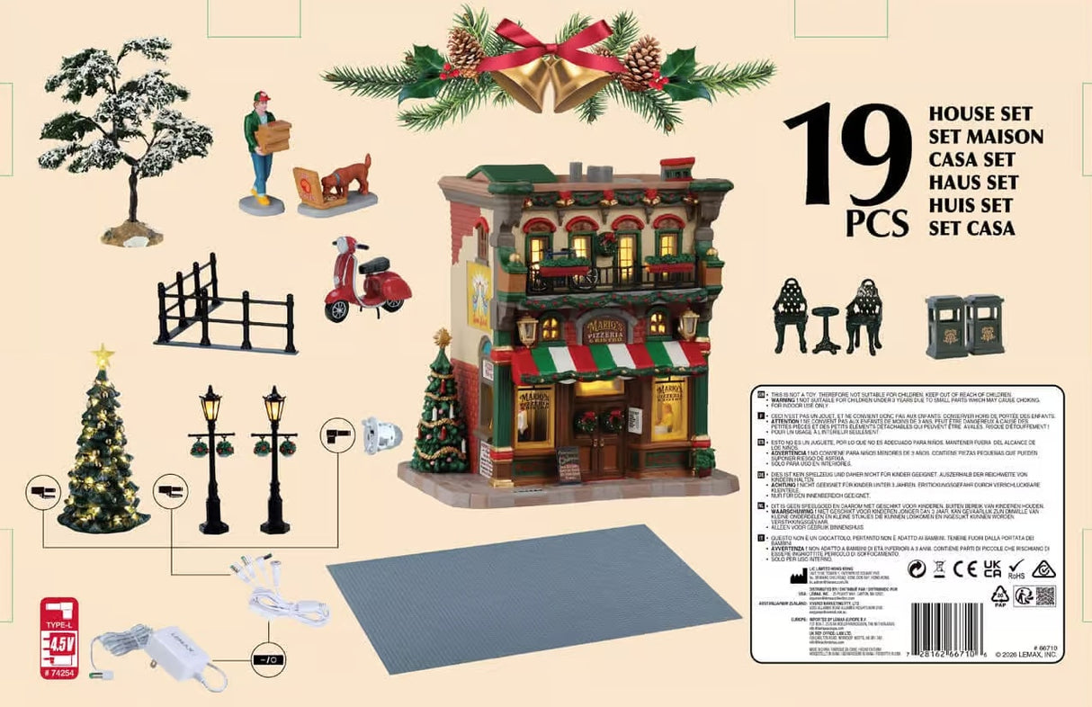 This image shows all nineteen items that come with this Lemax house set.