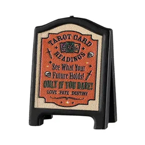 This Lemax sign is a burnt orange color, as well as a pale yellow and black. It reads "Tarot Card Readings. See what your future holds only if you dare. Love, fate, destiny."